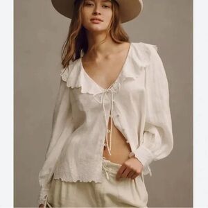 Anthropologie White Linen Blouse Boho Cottagecore Embroidered NWT Lg